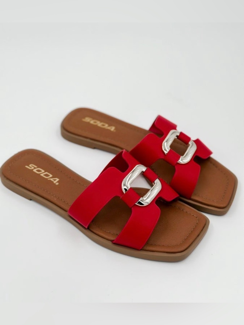 Soda Red Slide Sandals with Silver-Tone Buckle